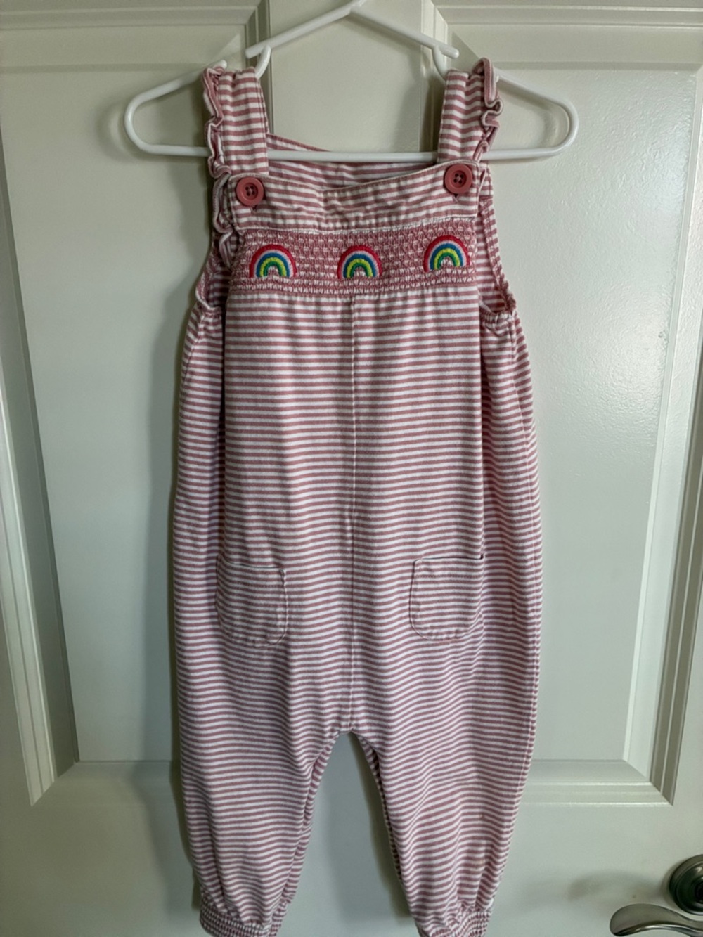 Baby Boden Pink and White Striped Smocked Rainbow Overalls